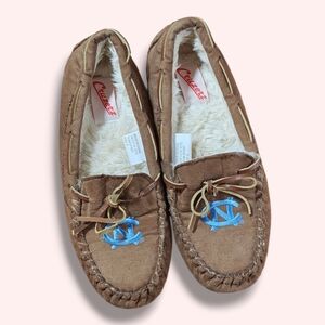 Women's Brown Moccasins with Blue Accent
